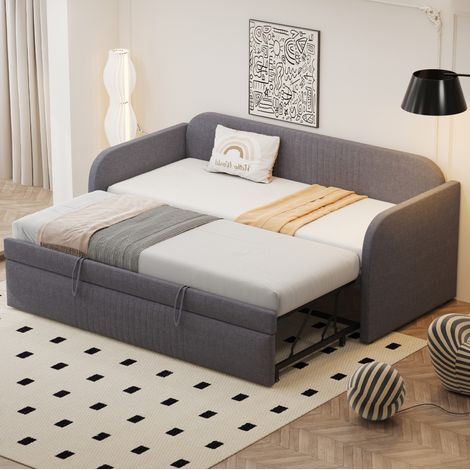 CHICFURN Divano letto convertibile 90/180x190 cm in lino grigio, salvaspazio, senza materasso (1/5)