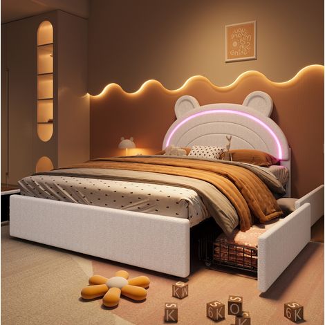 Letto bambini 140x200 cm velluto beige, 4 cassetti LED con app senza materasso - CHICFURN (1/5)