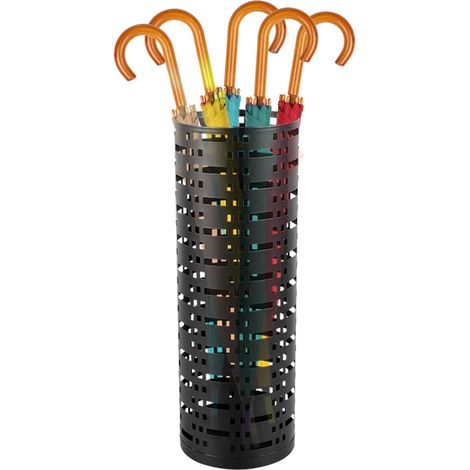 Paragüero redondo de metal de estilo moderno con escultura, soporte de pie de diseño, con ganchos para entrada de hotel, oficina, hogar, 15 x 15 x 42 cm (negro) (1/5)