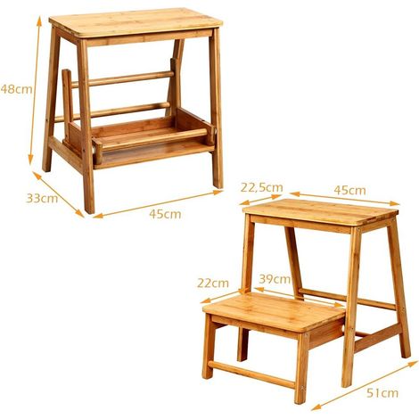 Bambou naturel robuste gain de place Tabouret escabeau pliable 2 marches pour cuisine salle de bain et salon (1/5)