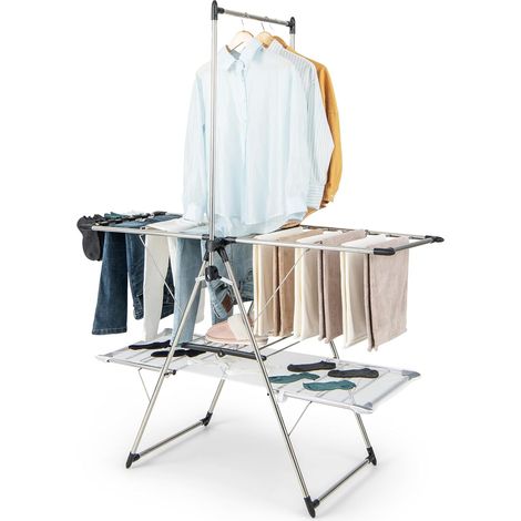 COSTWAY Stendibiancheria da Pavimento Pieghevole, Stendino a 2 Piani con Barra per Appendere, Ala Regolabile in Altezza, Clip per Calzini, Gancio per Scarpe, Stendibiancheria per Interno ed Esterno (1/5)