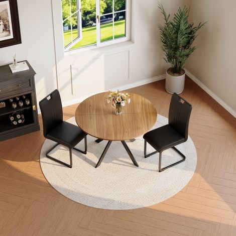 Ensemble de salle à manger avec table ronde et 2 chaises, ensemble de cuisine moderne aspect bois et similicuir, chaises cantilever à structure métallique pour salle à manger et cuisine
