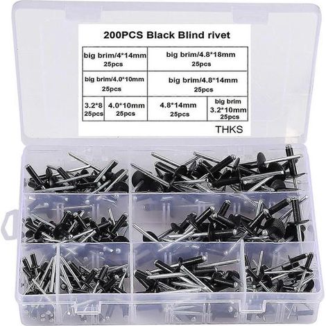Rivets aveugles, BR-Vie Lot de 200 rivets aveugles en aluminium, assortiment de rivets noirs, rivets aveugles à tête bombée ouverte, rivets pop standard pour métal, bois et plastique (1/5)