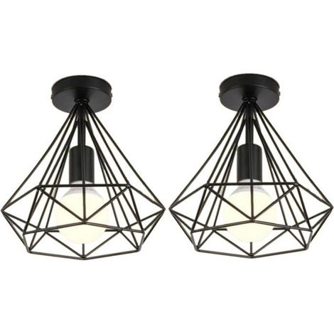 2Pcs Plafonnier Industrielle Cage Forme Diamant Noir Lustre Suspension En Métal Fer Luminaire Pour Cuisine Couloir (1/4)