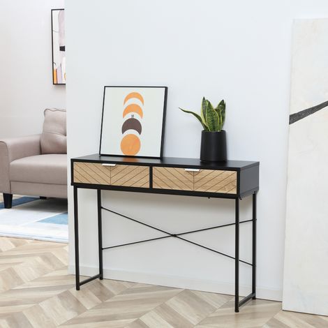 Mesa de Consola Estrecha con 2 Cajones Diseño de Líneas Talladas Estilo Moderna Negro y Roble (1/5)