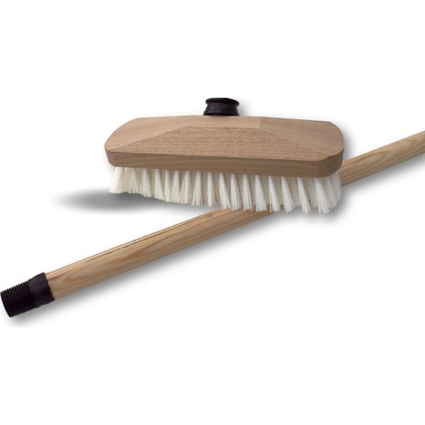 Kibros – Balai brosse lave-pont 22 cm – Manche bois 1,25 m – Garnissage PPL blanc pour surfaces tenaces – Douille vissante plastique