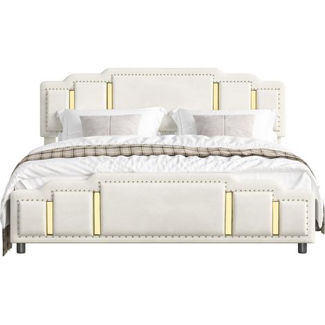 Cama tapizada 140 x 200 cm de terciopelo beige con 4 cajones y ribetes dorados HOMVRA (1/5)