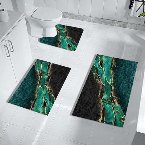 Ensemble 3 Tapis Salle de Bain Noir Or Vert Motif Marbre Émeraude Caoutchouc Absorbant Séchage Rapide (1/4)