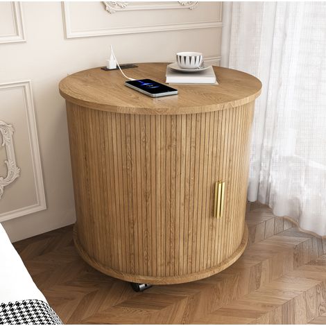 Table de chevet ronde avec prise AC et 2 ports USB, porte coulissante, rangement, MDF naturel (1/5)