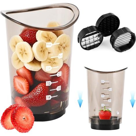 Affettatrice per frutta con lame rimovibili per affettare fragole, banane, cetrioli, uova e cipolle. Dotata di pratici pressori. Veloce e facile da usare. (1/5)
