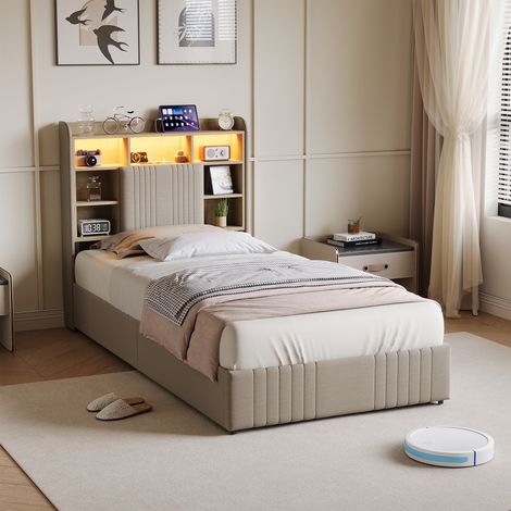Letto con cassetti 90x200 cm – Letto singolo con LED, testiera contenitore e porte USB + Type-C – Lino – Beige