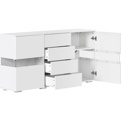 Buffet blanc brillant avec éclairage LED multicolore pour séjour – MDF, 140x35x72 cm (1/5)