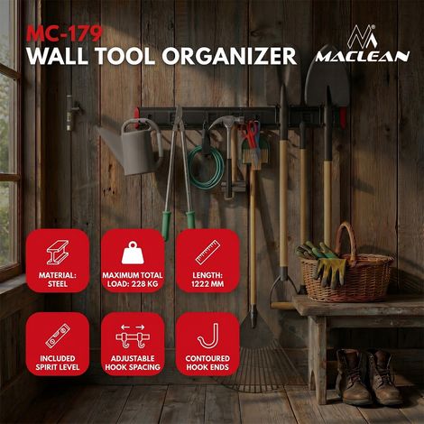 Maclean MC-179 Soporte de pared para herramientas de jardín y organizador de garaje Sistema de almacenamiento de acero 228 kg con ganchos ajustables para palas escobas mangueras y cables (1/5)