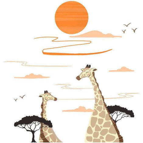 Autocollant mural girafe soleil, décoration murale enfant chambre thème forêt africaine, autocollant déco mural animalier cartoon. (1/5)