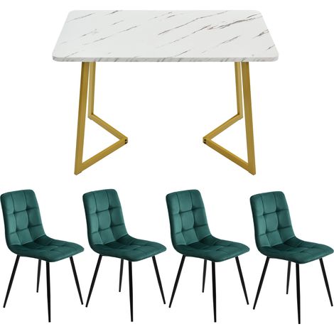 Ensemble table de salle à manger 117cm avec 4 chaises, table de salle à manger rectangulaire, ensemble de table de cuisine moderne, chaise de salle à manger en velours vert foncé, pieds de table dorés (1/5)