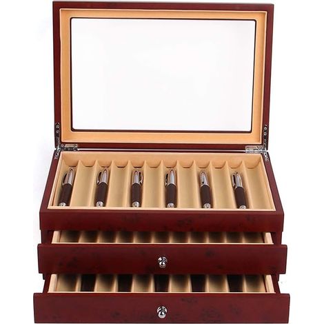 Caja de madera de 3 niveles para bolígrafos 34 Caja organizadora para bolígrafos, Caja expositora para bolígrafos, Caja organizadora para bolígrafos de colección con ventana de cristal Regalo de Navid