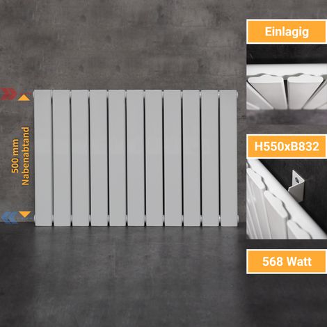WITEN&NOCK Designheizkörper Austauschheizkörper mit seitlichen Anschlüssen NA 500 mm Flachheizkörper weiß 568 Watt Einlagig 550x832 mm