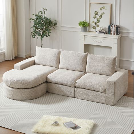 REDOM - Divano modulare con chaise longue, cuscini di supporto e poggiatesta, senza montaggio, ciniglia beige (1/5)