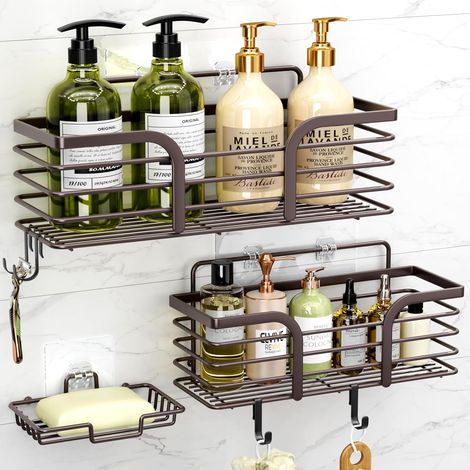 Organizador de ducha adhesivo con jabonera y 4 ganchos, inoxidable, no requiere taladrar, estante de almacenamiento de pared, color bronce. (1/5)