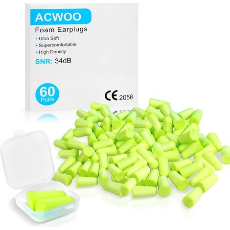 Bouchon d'Oreille, 60 Paires Boule Quies Anti Bruit SNR 34 dB, Bouchons d'Oreille en Mousse Souple, Boule Quies Reutilisable Protection Auditive pour Etudier les de Voyage Fitness (Jaune Fluo) (1/5)