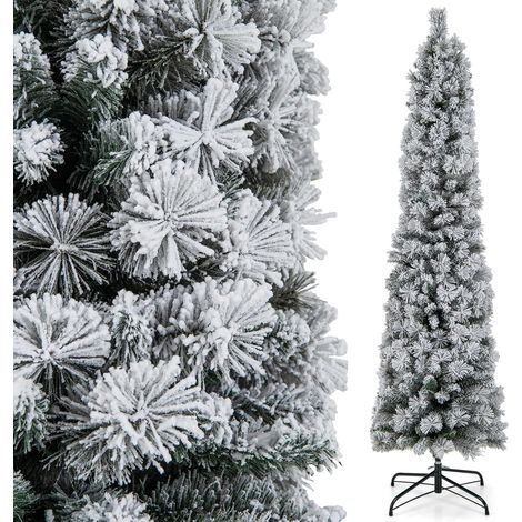 COSTWAY Albero di Natale Slim Innevato 180 CM, Albero di Natale Artificiale Pre-illuminato con 150 Luci Bianche Calde, 373 Rametti, Aghi di Pino, Albero di Decorazione Stagionale per Casa e Ufficio (1/5)
