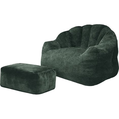 Fauteuil paresseux vert foncé avec dossier en forme de pétale et ottomane (1/5)