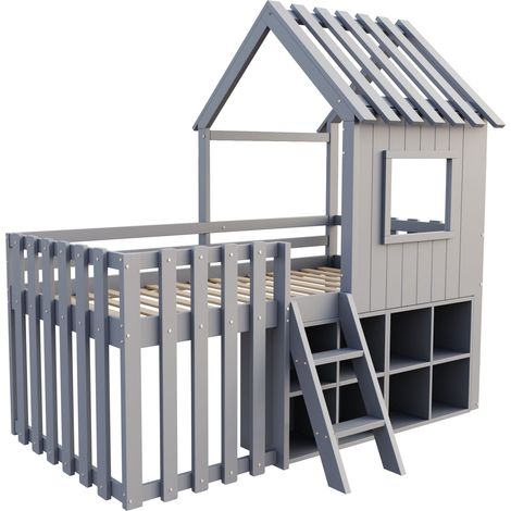 Lit cabane enfant 90 x 200 cm gris avec toit, fenêtre, échelle et rangement ouvert (1/5)