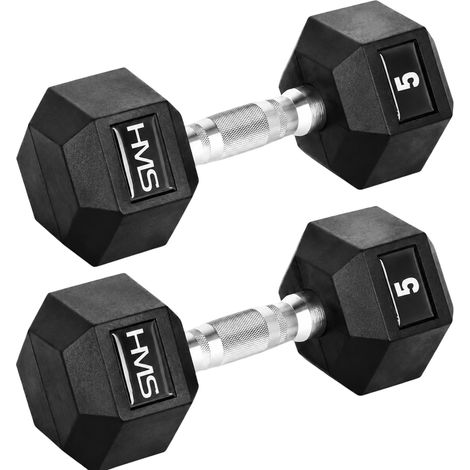 Hex Dumbbell 5 kg, Rubber-Coated, Knurled Handle, 2-Pack (1/3)
