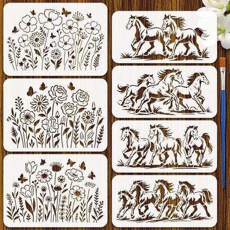 7Pcs Pochoirs Chevaux et Fleurs Avec Un Pinceau 29.7x21cm/30x15cm Pochoir Peinture Fleur Sauvages et Chevaux Modèle Animal Fleurs pour Loisirs Créatifs Tissus Meubles Décor DIY (1/5)