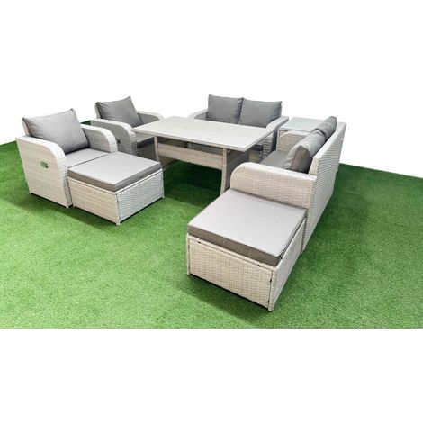 Fimous 8 Seater Outdoor Reclining Chair Love Sofa Set Rattan Garden Furniture Set with Rectangular Dining Table 2 Big FootStools Side Table Light Grey (1/4)