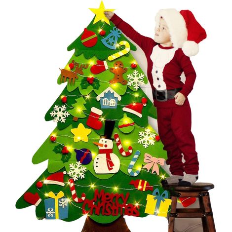 Arbol De Navidad De Fieltro - Con 32 Adornos Desmontables Y Luces Led - Decoracion Pared Puerta Hogar Infantil (1/5)