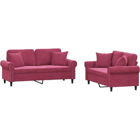 vidaXL Ensemble de canapés 2 pcs avec coussins rouge bordeaux velours (1/5)