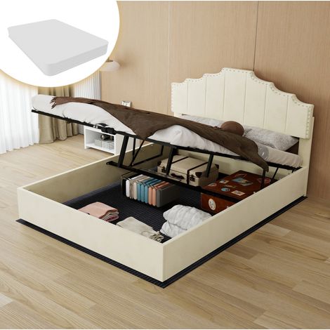 Cama canapé moderna de tela beige 140x200 cm con cabecero acolchado, elevación hidráulica y colchón incluido