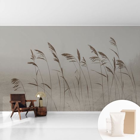 Papier peint intissé décoratif avec colle pour salon chambre et bureau Installation rapide Herbes dans la brume 416x254 cm (1/5)