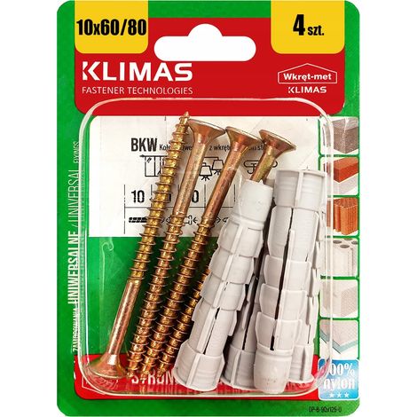 Chevilles Universelles Klimas 10 x 80, Tete Fraisee PZ3, Zinguees, Blister De 4