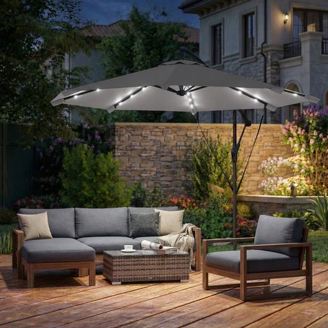 Parasol déporté de 3 m avec éclairage LED solaire. Parasol de jardin. Couleur grise.