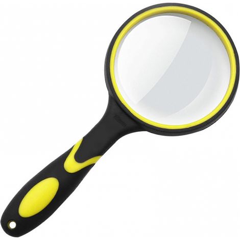 Loupe de poche 10x (Jaune et Noir) avec trou de suspension, pour enfants et personnes âgées, en caoutchouc coloré. (1/5)