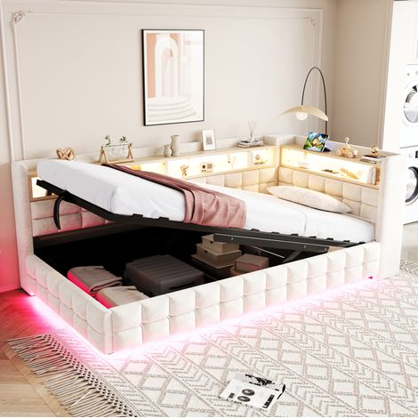 Cama individual tapizada 90x200 cm con almacenaje hidráulico, LED y USB beige OKMYHOME (1/5)