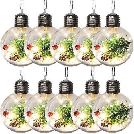 Boule de Noël lumineuse LED transparente de 8 cm (lot de 10) avec plante artificielle (1/5)