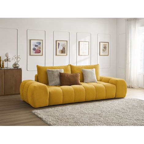 Bobochic – Canapé droit convertible 3 places avec coffre – Tissu texturé déperlant jaune – Longueur 278cm – Largeur de couchage 153cm (1/5)