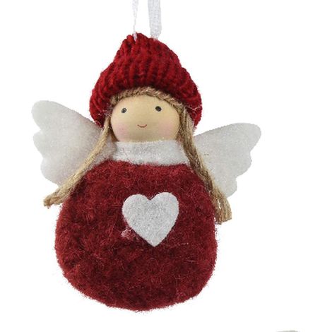 Kaemingk – Suspension de Noël ange rouge et blanc – Polyester, laine, feutre et jute, H 3,5 cm