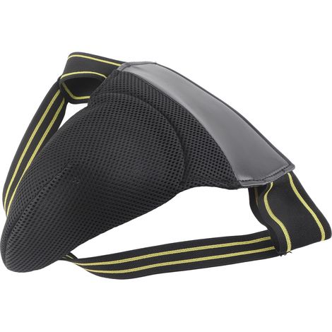 Coquille inguinale de boxe pour homme, noire, avec sangles élastiques et respirante, réduisant les impacts et offrant une excellente respirabilité. (1/5)