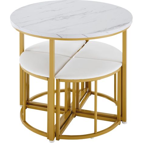 Runder weiß-goldener Esstisch mit 4 Samtstühlen, MDF-Platte, 80 cm (1/5)
