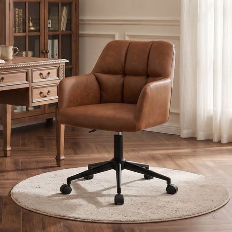 Wahson Office Chair in PU Leather Upholstered Task Chair Height Adjustable Modern Swivel Desk Chair with Wheels for Home Office, Brown