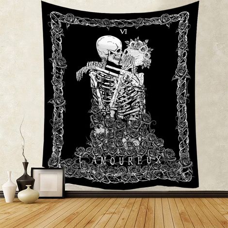 Lntyq Wandteppich mit Totenkopf und küssenden Liebenden, Wandbehang, schwarzer Tarot-Wandteppich, Skelett-Decke, Stoffdekoration für Schlafzimmer und Wohnzimmer, 73 x 95 cm (1/5)