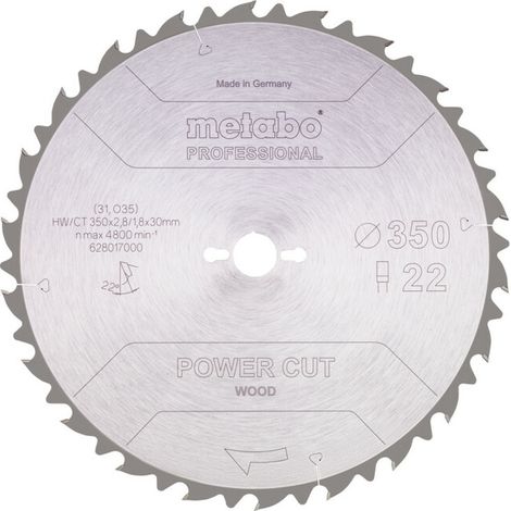 Lame de scie circulaire HW/CT 350 x 30 x 2,8/1,8, nombre de dents 22, denture plate, angle d'attaque 22° metabo