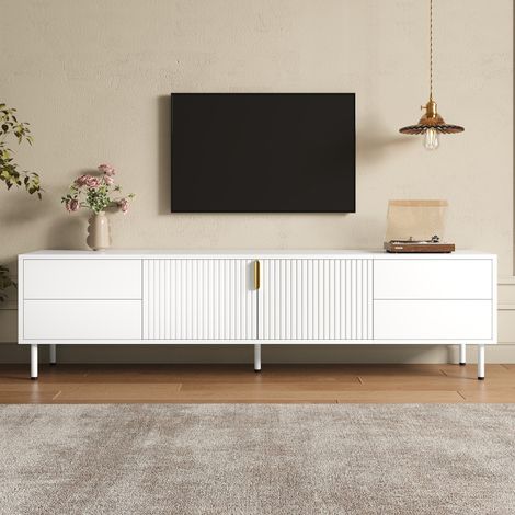 Meuble TV Blanc 180 cm Banc de Télévision avec 4 Tiroirs et 2 Portes, Meuble de Salon Moderne Bas avec Rangement et Passe-Câbles - Meuble Télévision (1/5)