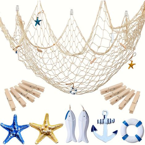 Rete da pesca decorativa, decorazione murale a tema nautico con rete da pesca, stella marina, salvagente, timone e ancora con gancio, adatta per feste a tema sirena (bianco sporco).