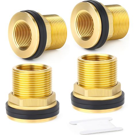 4 pièces raccord de cloison en Laiton pour réservoir d'eau, 1/2" BSP mâle - 3/8" BSP Femelle Raccord fileté avec 2 Joints en Caoutchouc pour citernes pluviales, Aquariums, baignoires (1/5)