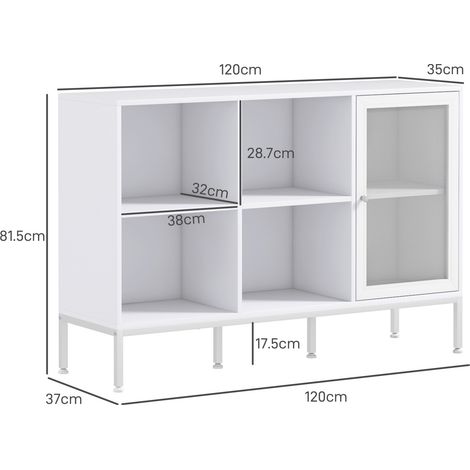 Buffet avec 4 étagères ouvertes réglables et un placard à porte grillagée, meuble de rangement en aggloméré et acier, 120 x 37 x 81,5 cm, blanc (1/5)
